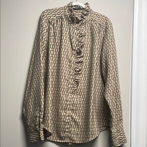 Ann Taylor Tan Cream Ruffled Blouse with Mandarin Collar